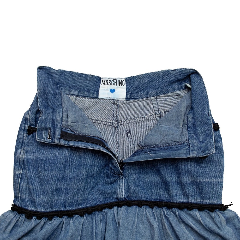 Moschino Vintage Denim Tiered Ruffle Maxi Skirt Blue Black Trim Size 42 - Picture 6 of 8